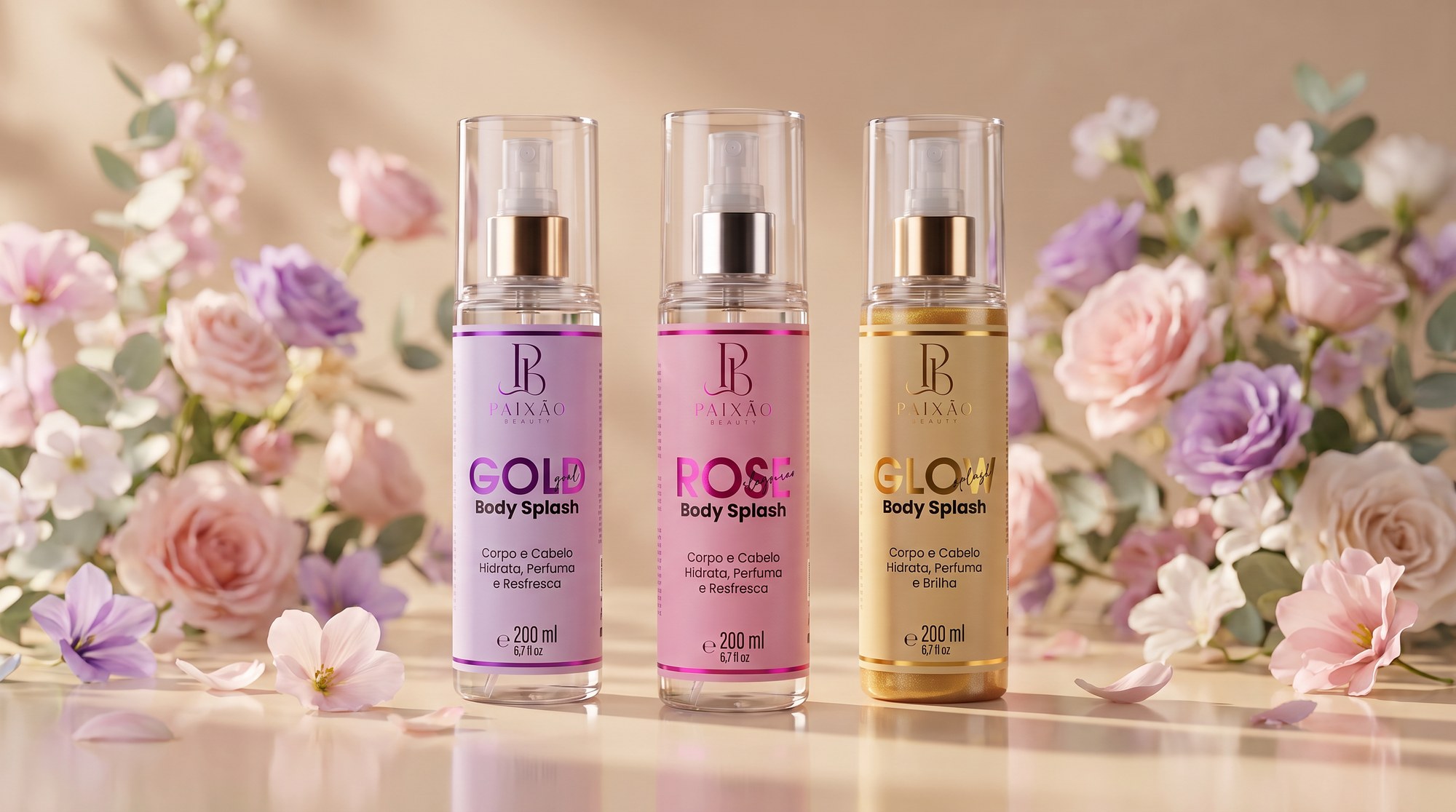 Linha Body Splash Paixão Beauty — GOLD girl, ROSE elegance e GLOW splash